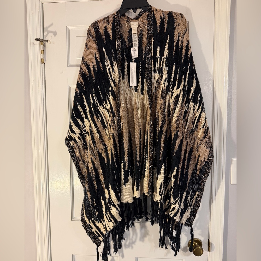 Chico’s NWT Fringe Kimono Wrap OS Black Tan